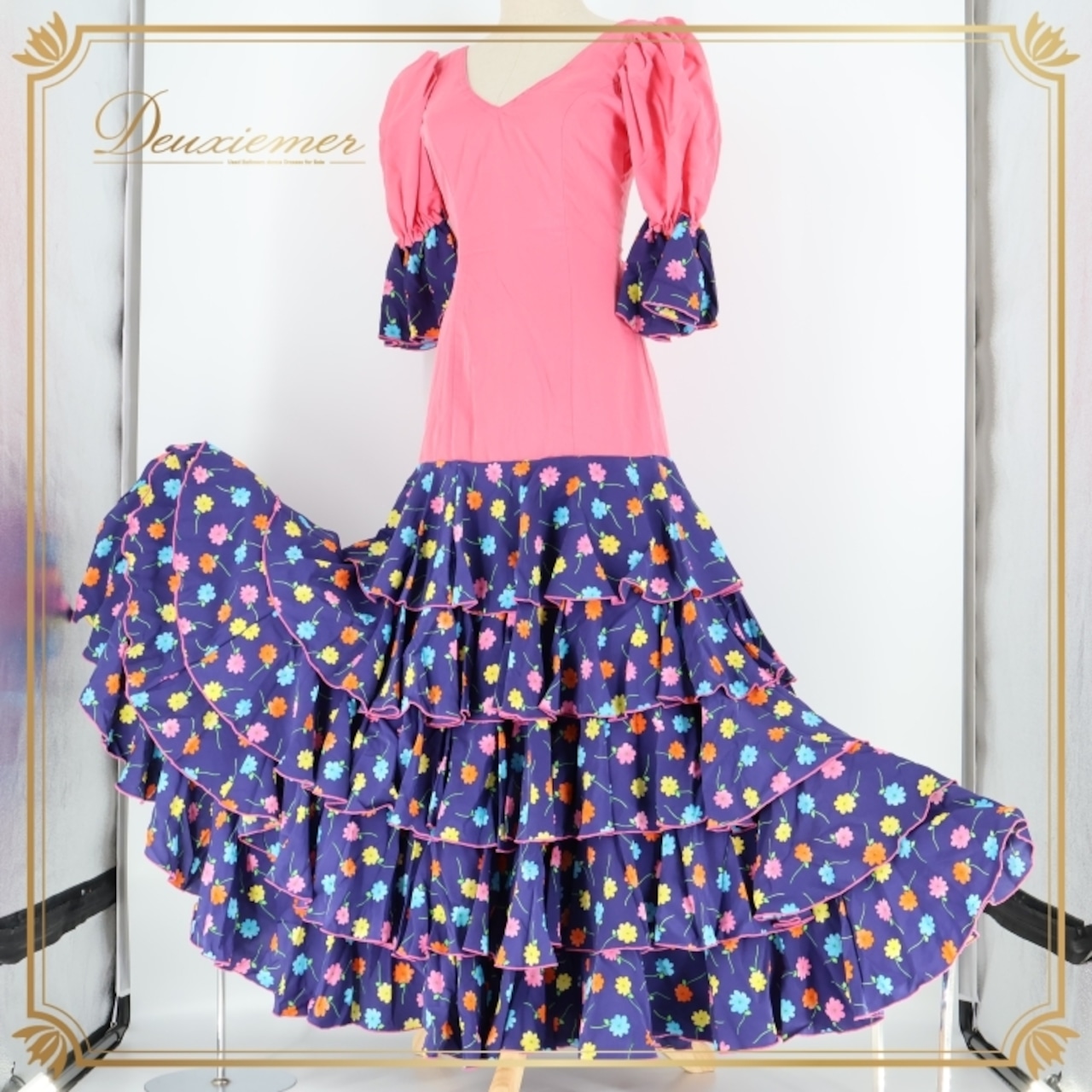 フラメンコ 衣装 ワンピース ドレス ピンク 紺 花柄 MATY ボランテ フリル レトロ ダンス 発表会 パーティ ピンク系 ネイビー系 舞台 衣裳 可愛い おしゃれ 大人用 フラメンコドレス フリルスカート ワンピーススタイル ダンス衣装 女性用 イベント