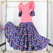 フラメンコ 衣装 ワンピース ドレス ピンク 紺 花柄 MATY ボランテ フリル レトロ ダンス 発表会 パーティ ピンク系 ネイビー系 舞台 衣裳 可愛い おしゃれ 大人用 フラメンコドレス フリルスカート ワンピーススタイル ダンス衣装 女性用 イベント