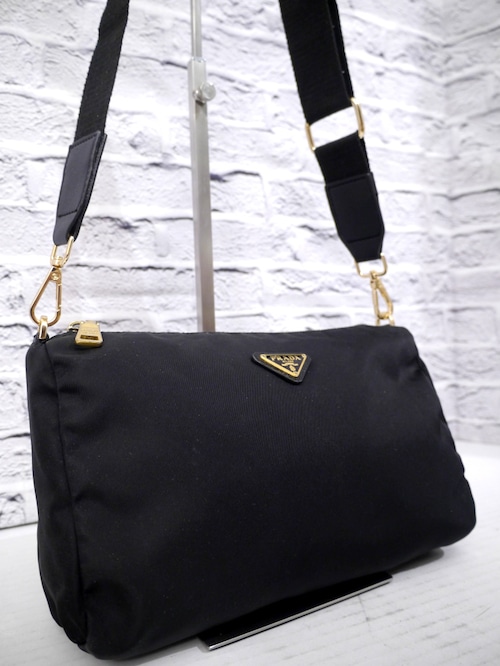 美品◆PRADA プラダ テスート ナイロン x レザー クロスボディ ショルダー バッグ カメラ バッグ ポーチ ポシェット 黒x金◆ レアモデル♪