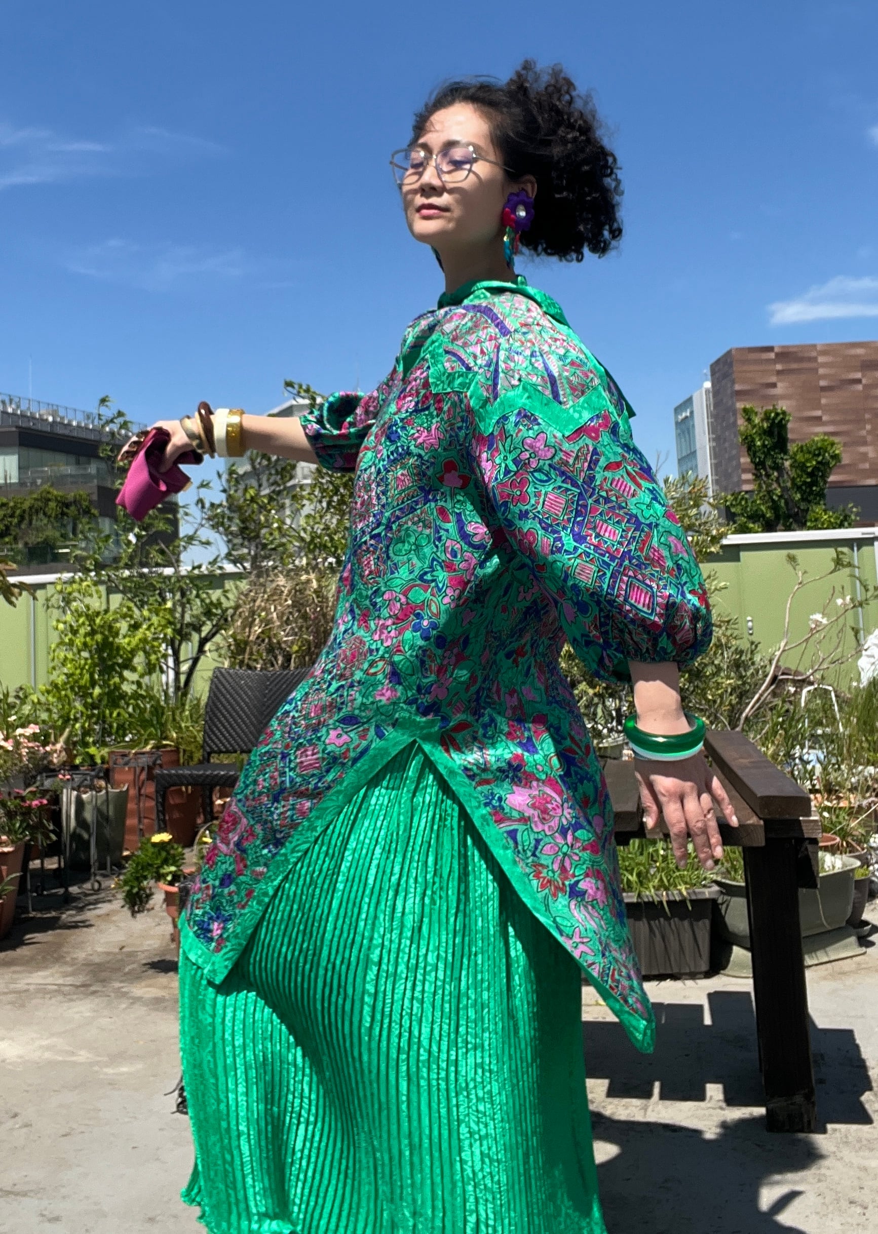 【SOLDこちらはご購入いただけません】80s DF green floral silk set up