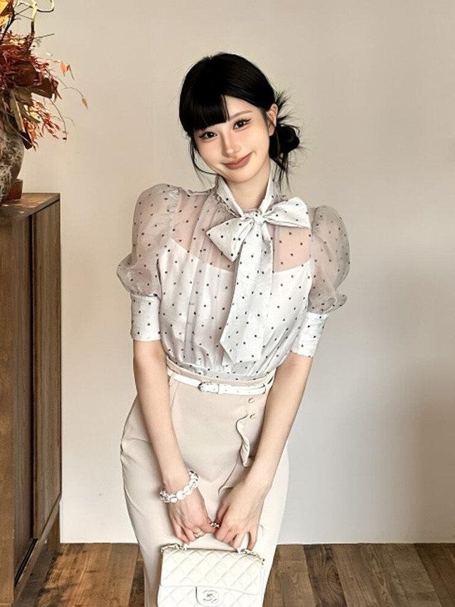 ドットシースルリボントップス＆レイヤリングスカートセットアップ