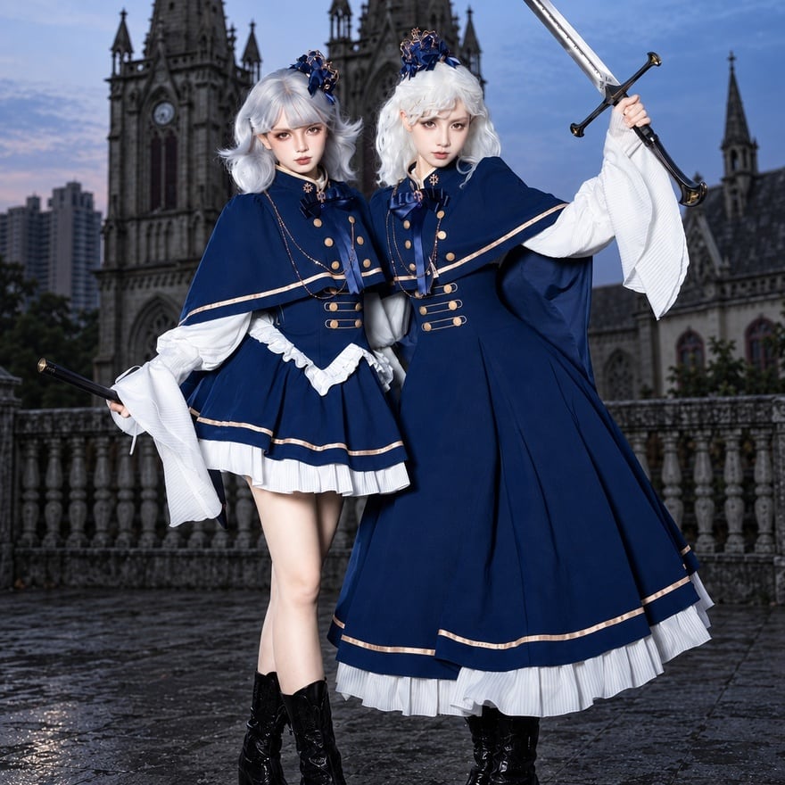 蒼き聖堂の近衛令嬢 ケープ金釦コルセット風ゴスロリ軍服ロング