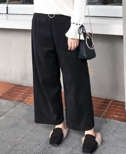 人気SALE レディース ワイドレッグパンツ アンクルパンツ クロップド 半端丈 ハイウエスト ボトムス カジュアル 可愛い フェミニン きれいめ エレガント おしゃれ お出かけ オフィス ブラック