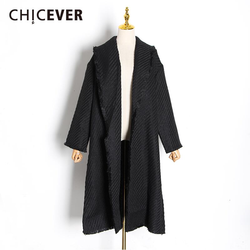 CHICEVERブラックコートレディースラペル長袖ルーズポケット特大厚手のコート2020h秋 ロング オータム 秋物 6base513138352275
