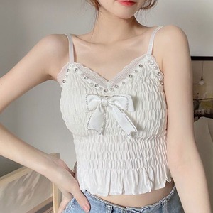 カップ付き リボン キャミソール レディース 春夏 韓国 へそ出し インナー トップス 大人 かわいい きれいめ おしゃれ フェミニン ストレッチ 重ね着 ショート丈 大人可愛い 大人女子