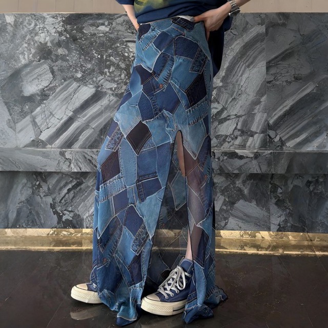 Patchwork denim slit sheer skirt　V2829