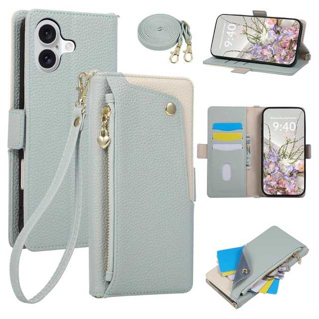 LBLB iPhone 17 用 ケース 手帳型 いphone17 ケース ショルダー 表面ポケット (ブルー)