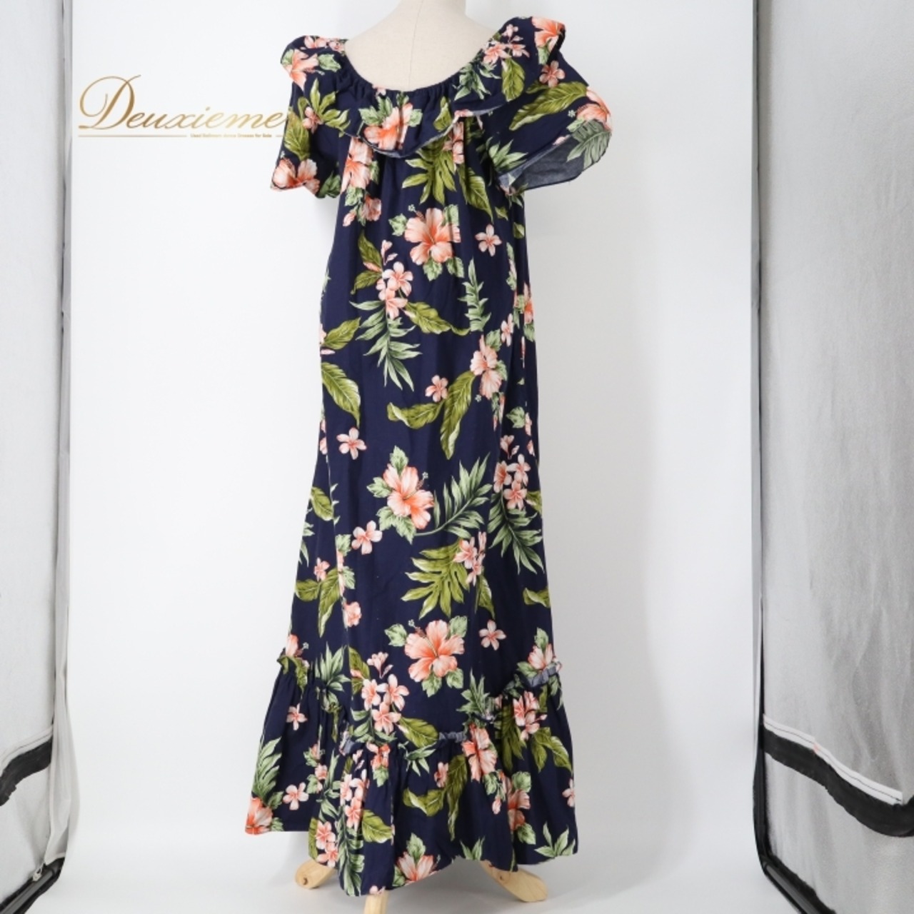 フラダンス 衣装 ワンピース ドレス ネイビー系 KY‘S ハワイ製 ハイビスカス柄 プルメリア柄 花柄 植物柄 ハワイアンプリント アロハ フラ ダンス レッスン 練習 フリル 半袖 紺 華やか 鮮やか かわいい 大人っぽい 上品 グリーン系 レッド系 ホワイト系 緑 赤 白 フリル付き カジュアル おしゃれ