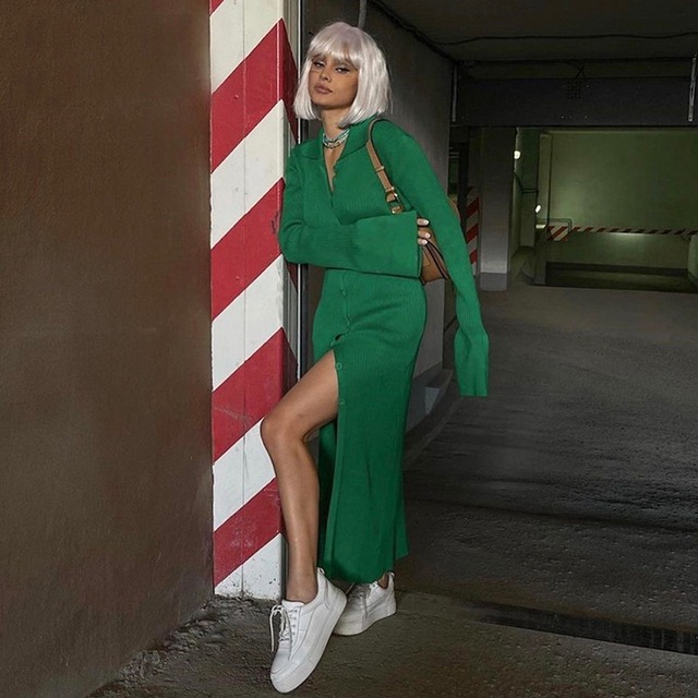 LONG SLEEVE SLIT RIB DRESS