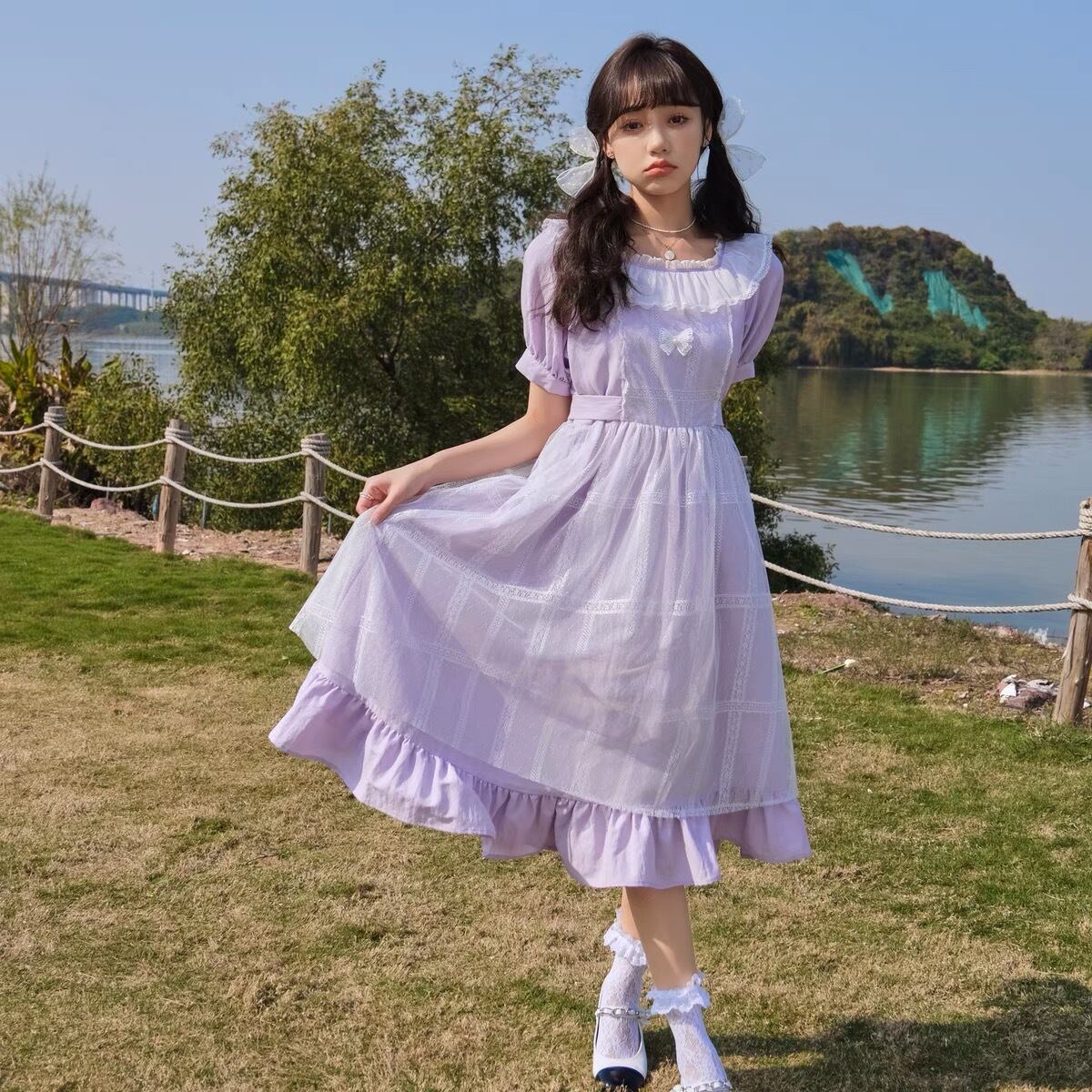 ワンピース 紫 パープル 水色 レース カメリア ワンピース 制服