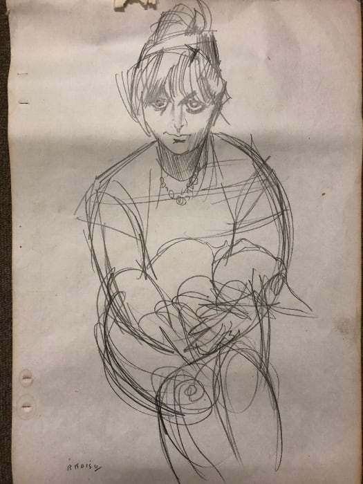 小磯良平 デッサン パリの少女と犬 鉛筆デッサン画 約44cmx30cm