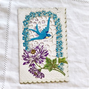 フランスアンティーク ポストカード | ヴィクトリアン調 ツバメと花 カニヴァ（小聖画）エンボス加工  透かし細工 ｜19世紀～20世紀初頭（I002）