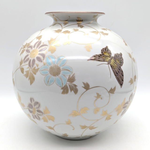 九谷焼・錦山窯・花器・花瓶・フラワーベース・蝶・花模様・No.241204-37・梱包サイズ100