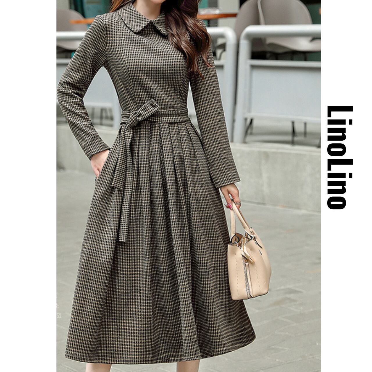 Long Sleeve Belted Flare Midi Onepierce L00729