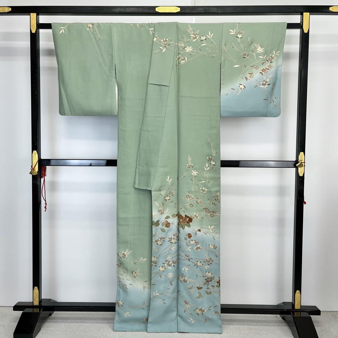 訪問着 地紙に花模様 菊 橘 金彩 暈し 裏葉色 縮緬 K-