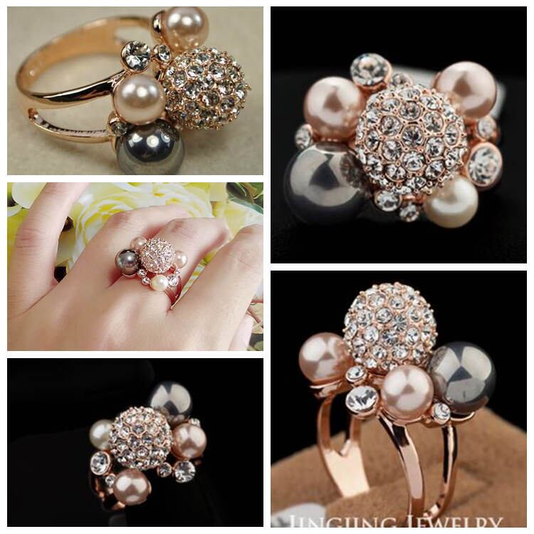 18K RGP ゴールド ダイヤ CZ フラワー パール リング gu842e | Rainbow