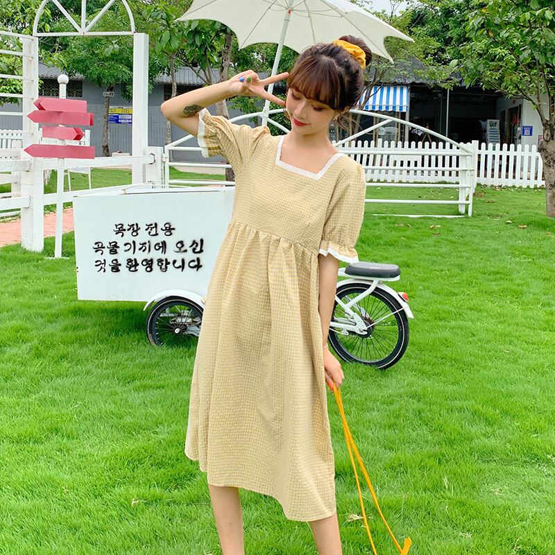 【新作】【送料無料】 マタニティウェア2020夏の新しい格子縞の襟小さな新鮮なドレス、トレンディな母親のミドル丈で年齢を減らすマタニティドレス-アリババ サマー 夏物 expec285959108993