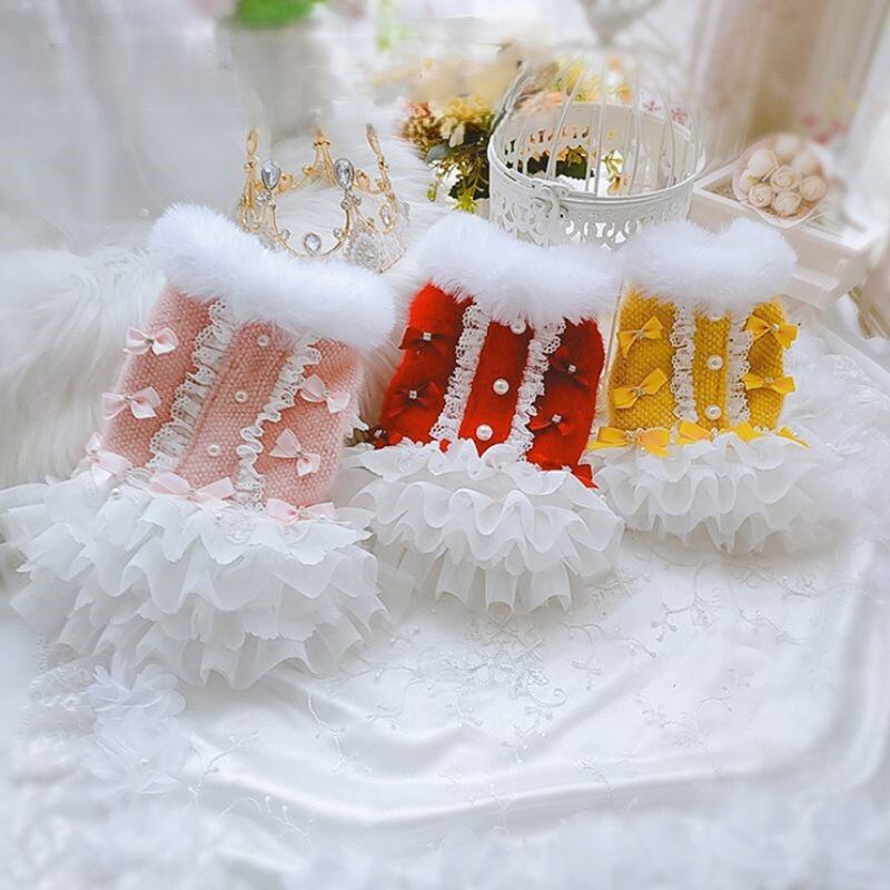 【海外ハンドメイド】フェイクファー付ニットのドレス 犬服 00544