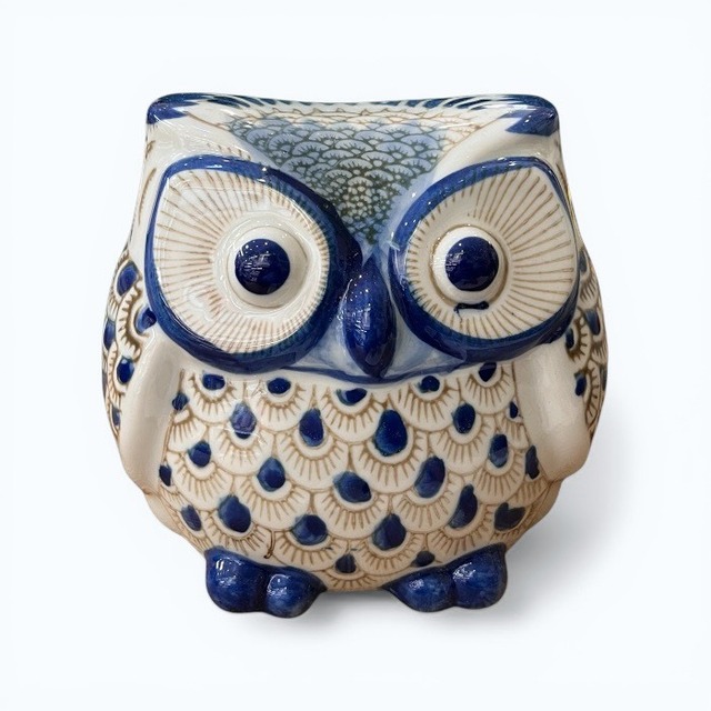 コバルトフクロウ貯金箱 h33c 青花 コインバンク 小銭入れ 福郎 フクロウ 鳥 幸運 金運 インテリア 陶器 シンプル
