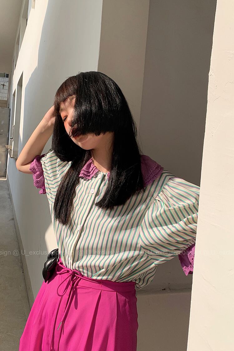 ストライプシャツ サマールーズカラー半袖スリーブトップス ショート ハーフスリーブ 夏物 ステッチ ビッグFスモールZ韓国92754196209