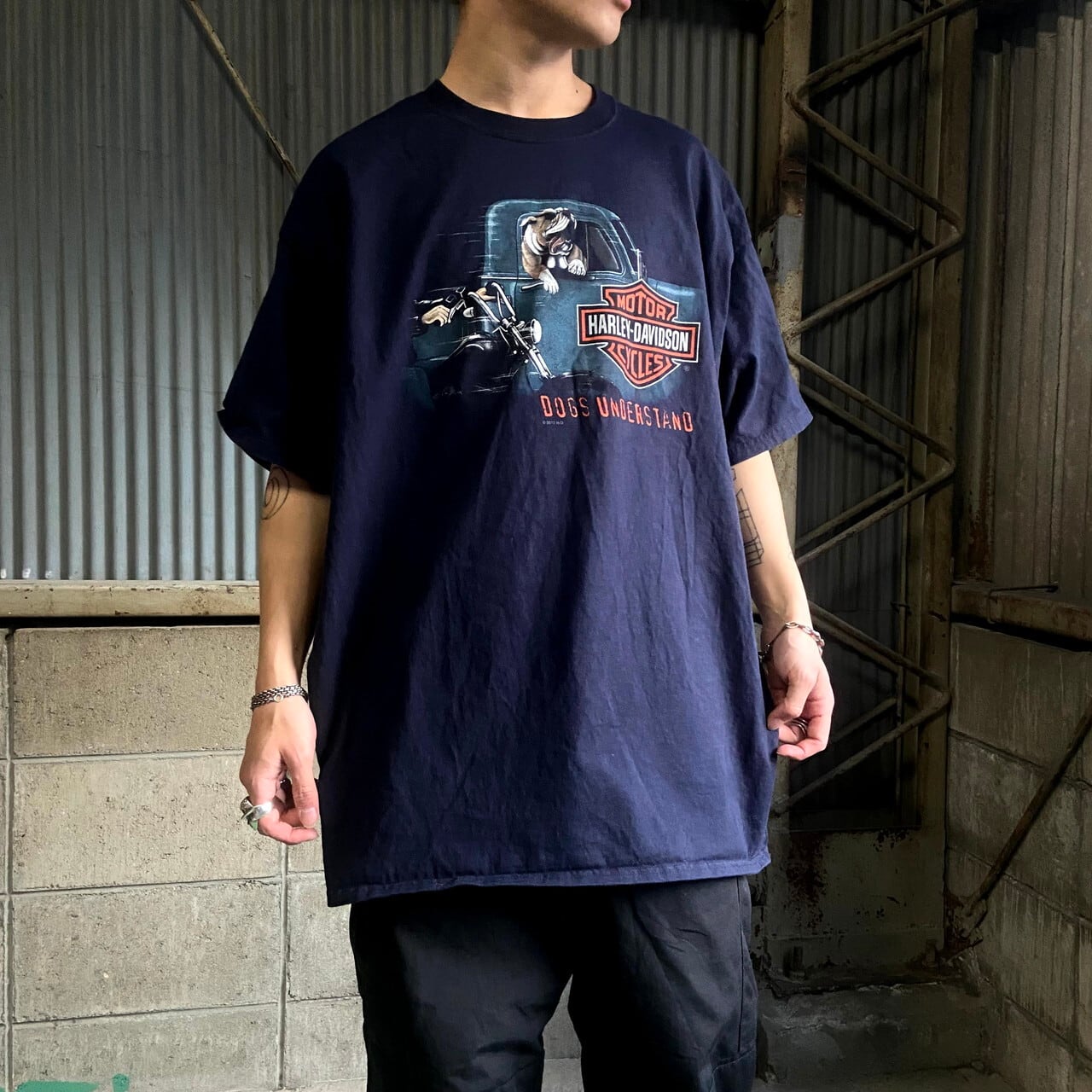 ビッグサイズ Harley Davidson ハーレーダビッドソン フロントロゴ アニマルプリント バックプリント Tシャツ メンズxxl相当 古着 モーターサイクル バイクtシャツ 両面プリント 動物 イヌ 犬 ブルドッグ インディアン ネイビー 大きいサイズ Tシャツ All15 Cave