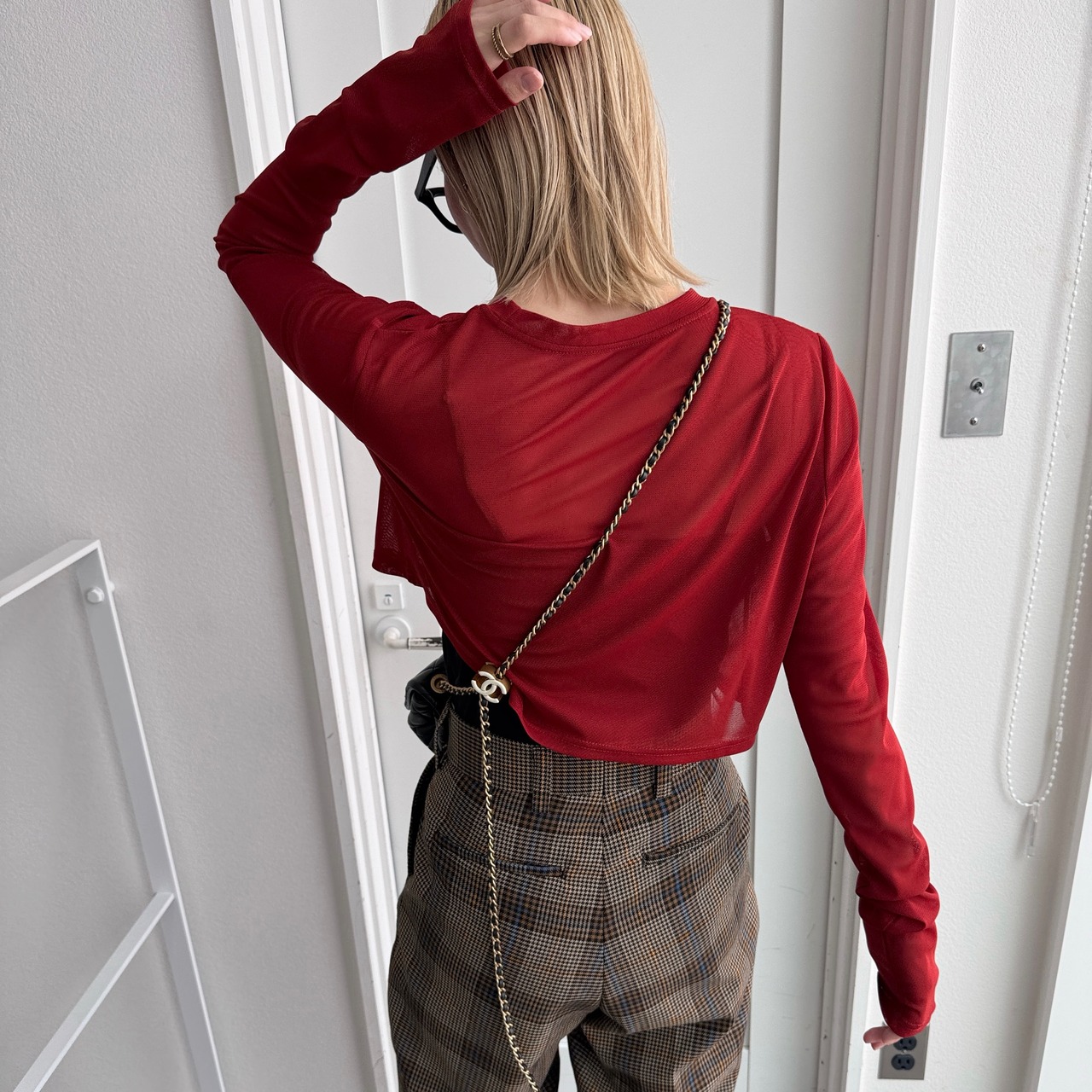 crew neck tulle sheer short tops/red