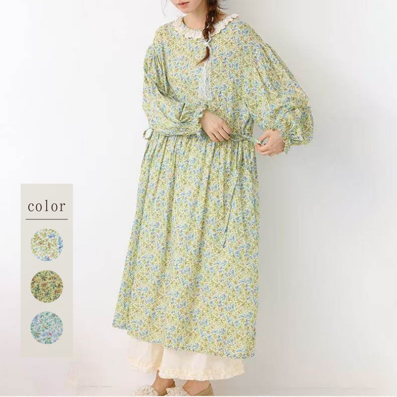 レースラウンドネック花柄プルオーバーワンピース W1713