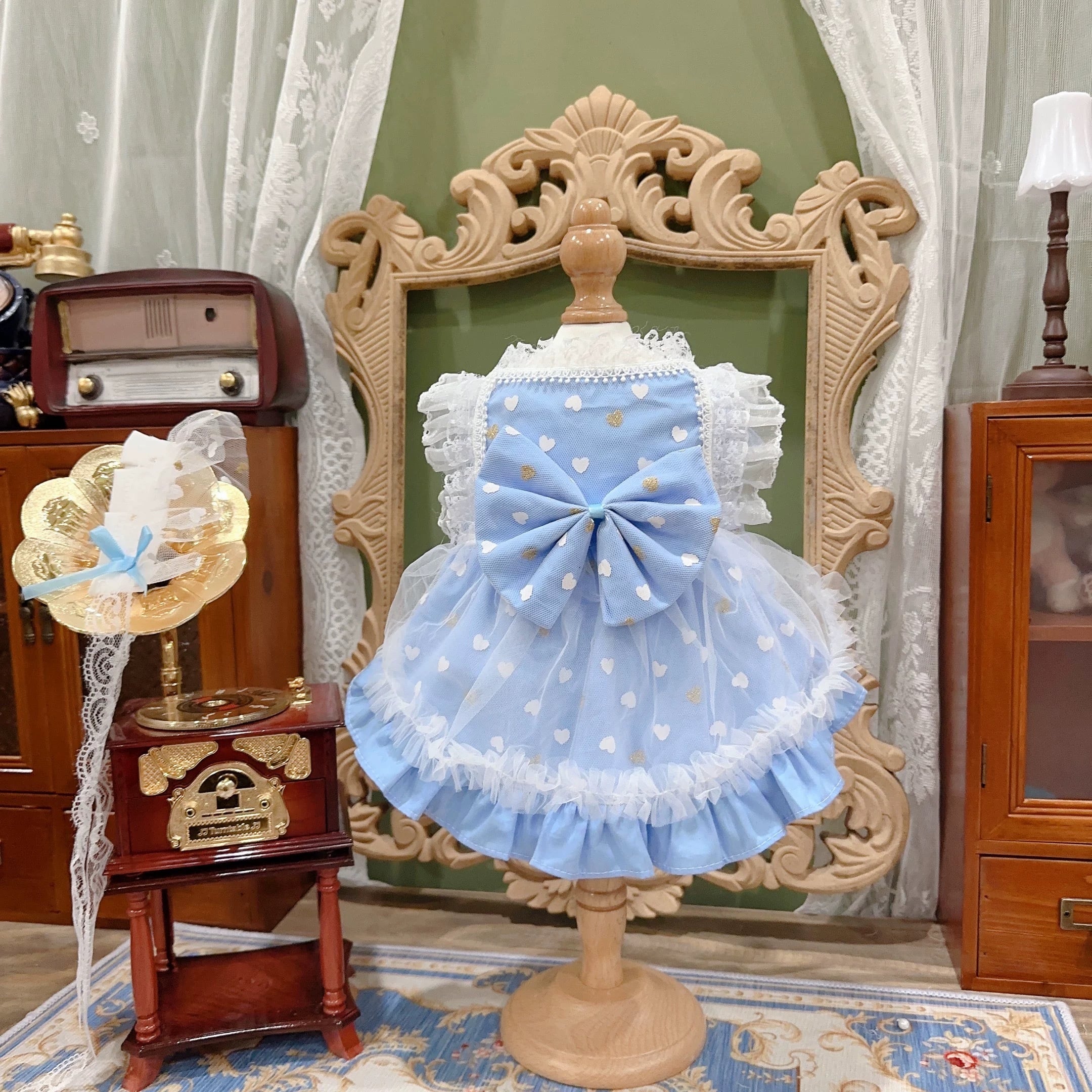 ハートプリントのブルーワンピース 00372