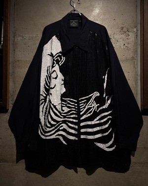 【Caka】80's〜90's Spangled Woman Design Vintage L/S Rayon Shirt