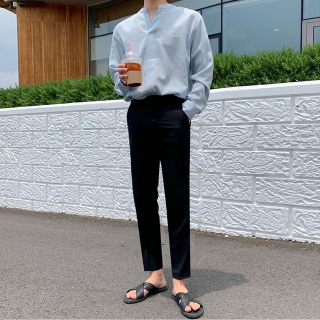 長袖 シャツ スタンドカラー コットンリネン シンプル 無地 メンズ 韓国ファッション E Eaglerose イーグルローズ 韓国メンズファッション通販サイト