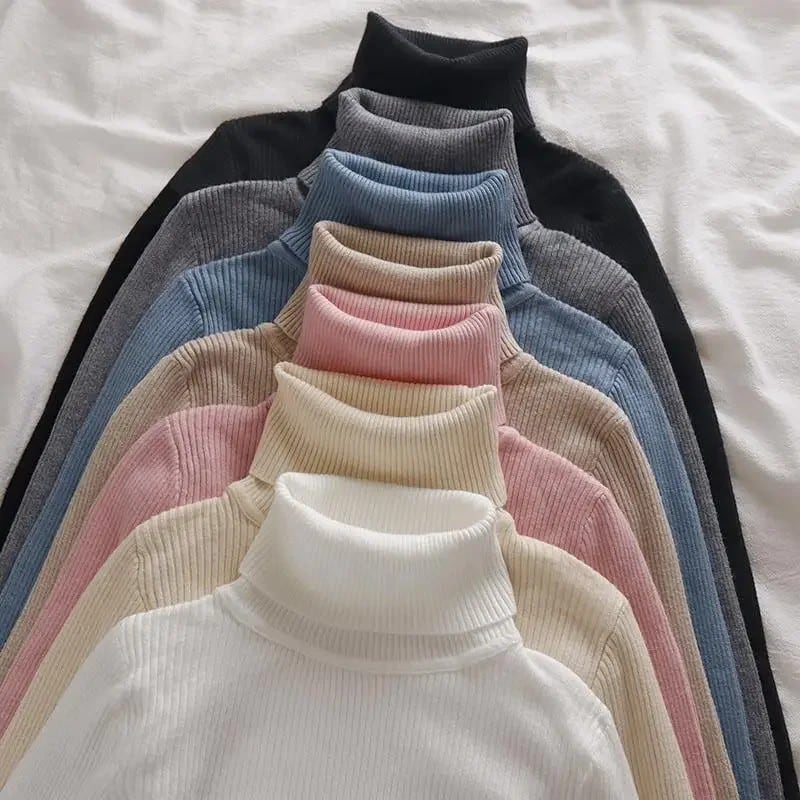 韓国ハイカラーニット長袖ベースシャツピュアカラースリミング多用途下着エレガントインナーロングトップレディースファッション