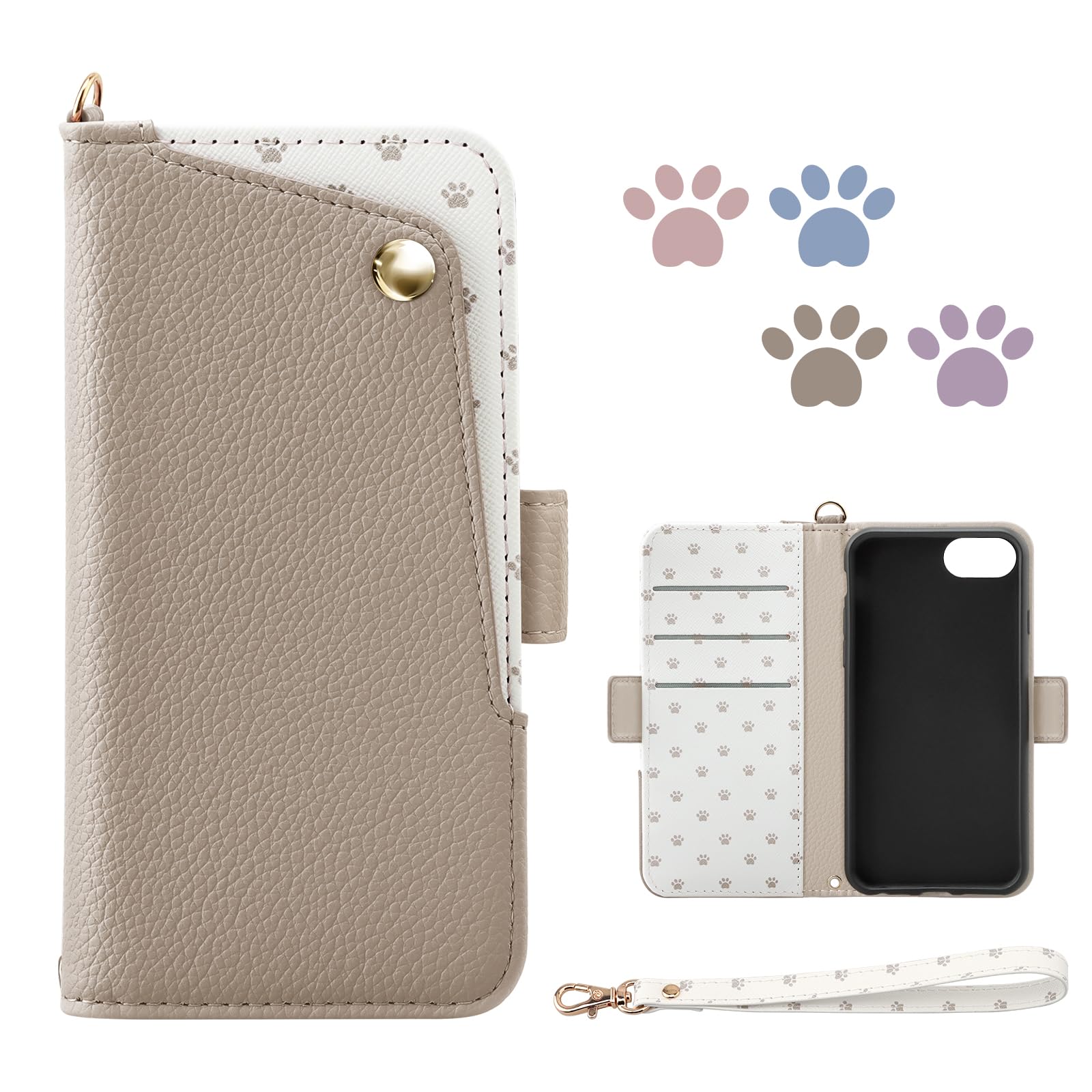 for iPhone 8 ケース 手帳型 iPhone SE3/SE2 ケース 可愛い 猫 足跡 iPhone 7 カバー 女性 マグネット式 iPhone SE ケース 第2/3世代 カード入れ収納 横置きスタンド アイフォン se2 スマホカバー PUレザー 外側ポケット シンプル 大人人気 4.7インチ (杏色)