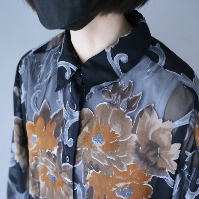 beautiful flower art pattern black mode see-through shirt