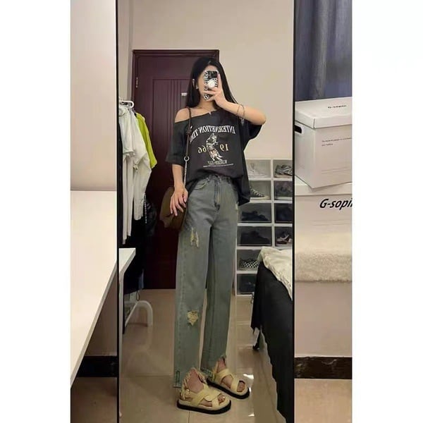 【新作】【送料無料】 ブルーカジュアル9ポイントジーンズ穴デザイン2022夏薄いハイウエストスリムワイドレッグパンツ 0320387064451