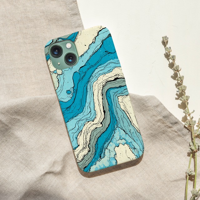 受注生産 iPhoneケース 水色の地層マーブル｜紙マーブリング MARB004B