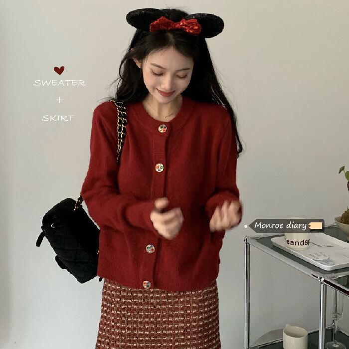 レッドセーター スプリングスタンダードスタイルルーズニットクロップドトップス レトロ 春物 モンロー64625938649