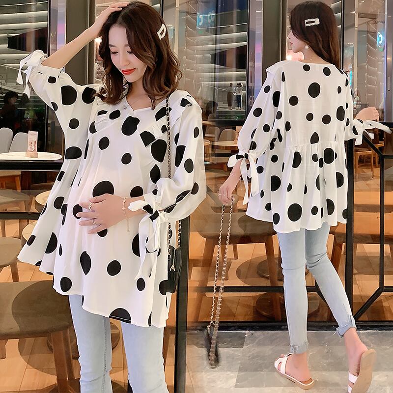 【新作】【送料無料】 妊娠中の女性プラスサイズフリルパッチワーク蝶ネクタイ半袖マタニティブラウス水玉シフォントップス2022-B-7022＃35 リボン ハーフスリーブ ラッフル 大きめサイズ AL expec377811791077