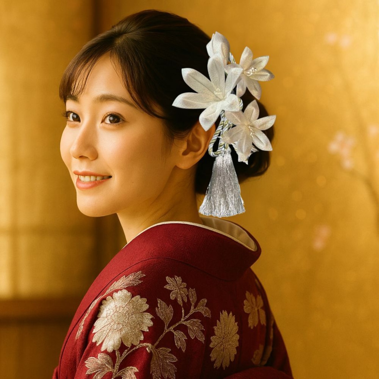 華結び ― 白百合と椿 -白銀彩 ｜成人式 髪飾り つまみ細工 白×赤 振袖・卒業式・結婚式におすすめ 和装ヘアアクセ（S055）・画像3