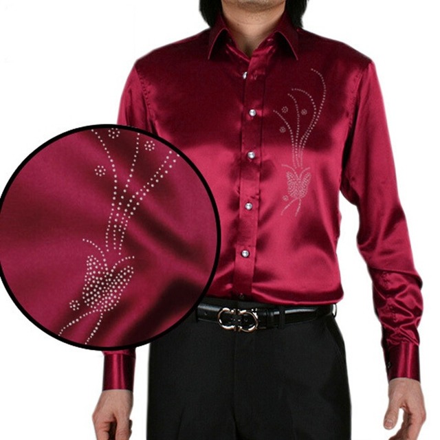 21色カミーサ masculina男性シャツ シルク光沢の ある カジュアル メンズ蝶プリント ドレス シャツ スリム男性長袖シャツ