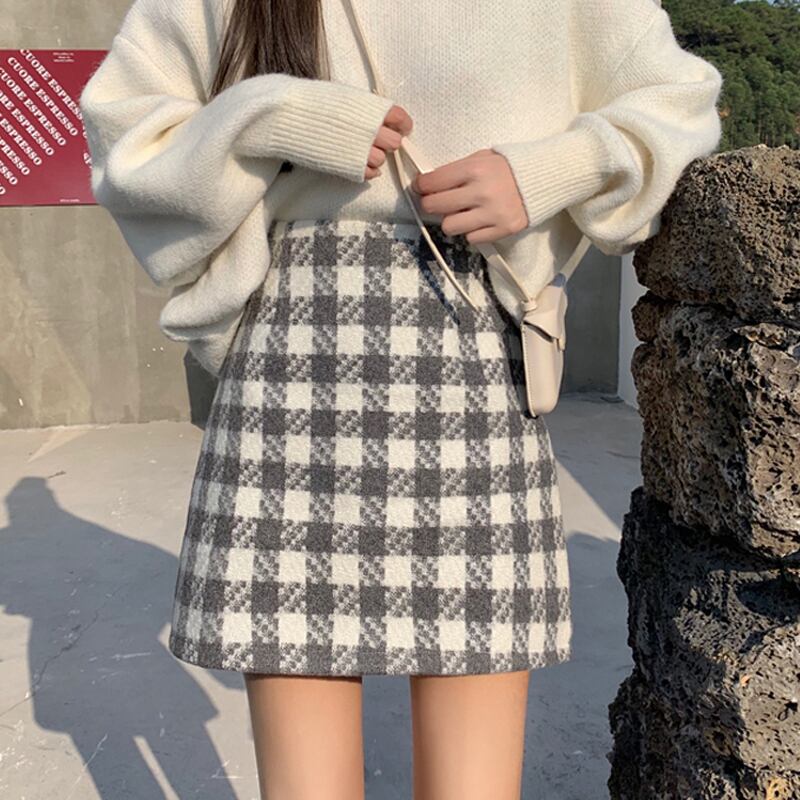 ショートスカート スプリングオータム格子柄ウィンターセーター Aライン 春物 秋物 冬物 試着室97814170945