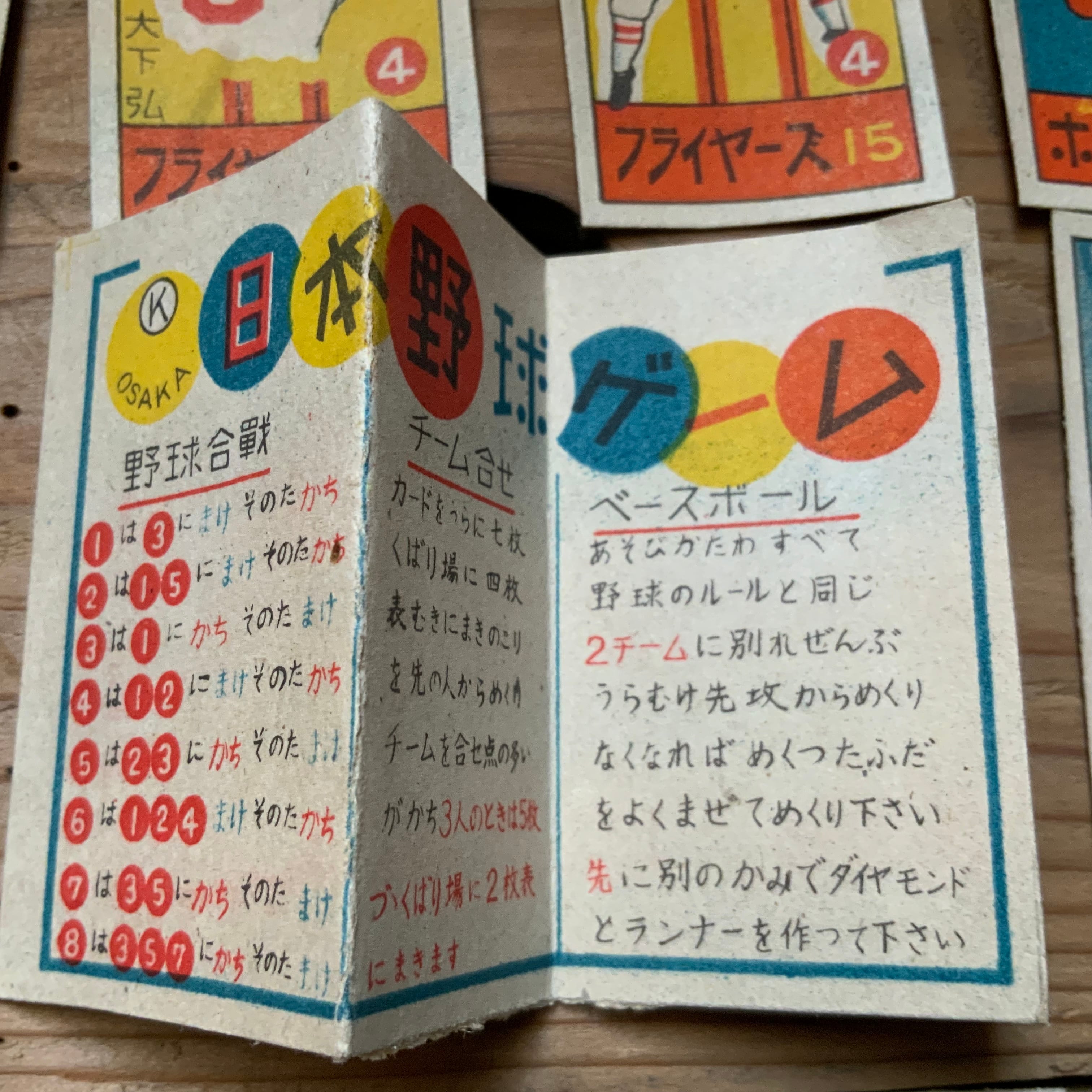 遊び方よくわかりませんが可愛い。昭和30年代「日本野球ゲーム」説明書と絵札33枚