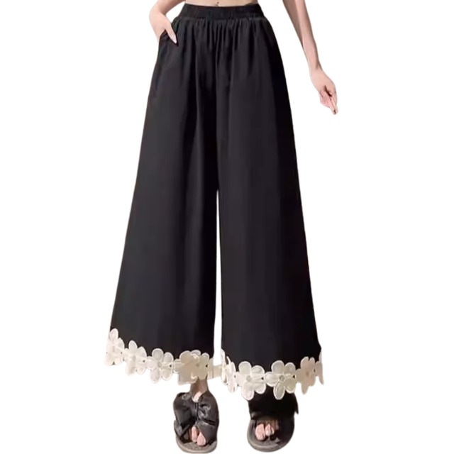 Floral Patchwork Ice Silk Wide-Leg Cropped Pants  (CF004)