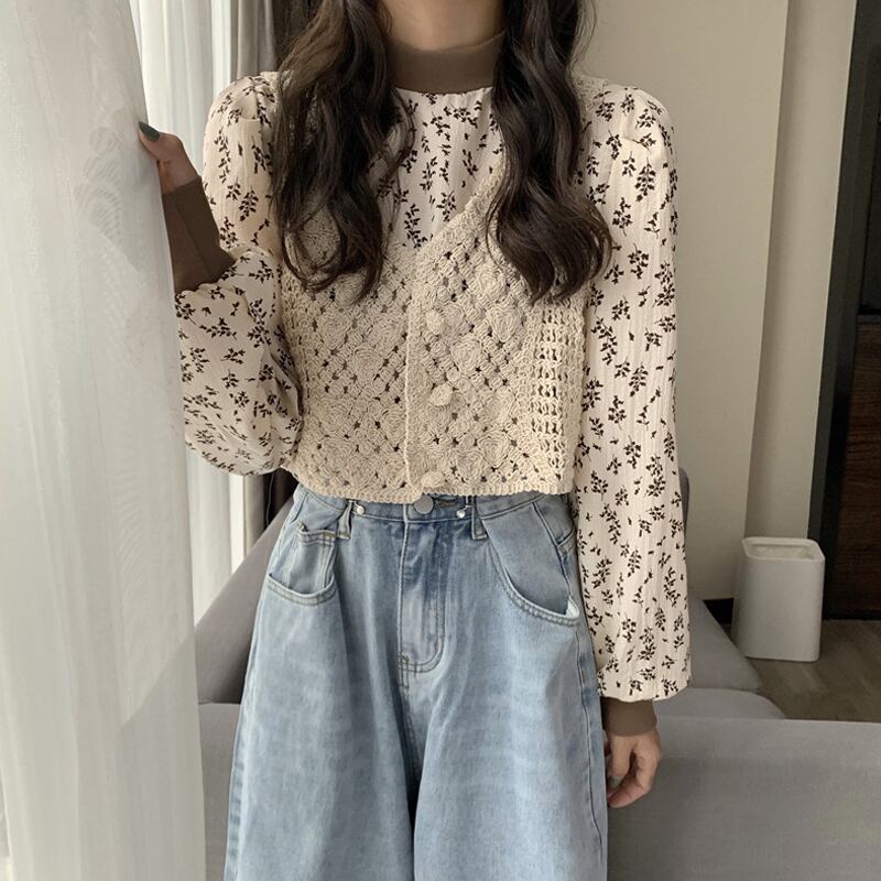 フローラルラウンドネックシャツ スプリングスタイルカラー ロング 大人ガーリー スウィート キュート カジュアル 春物 花柄 Oネック 試着室74672430180