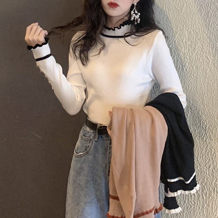 トップス レディース ニット セーター 長袖 ハイネック フリル かわいい 大人可愛い きれいめ カジュアル おしゃれ お洒落 レトロ 大人女子 ラブリー キュート ガーリー 主役級 存在感 フェミニン 無地 秋 冬 10代 20代 30代 OL 通勤 学生 通学 デート お出かけ 休日 着回し 普段使い 重ね着 韓国 韓国系 送料無料 ファッション コーデ スタイル モテ トレンド 流行 インスタ映え フリーサイズ 白 ホワイト 黒 ブラック ベージュ