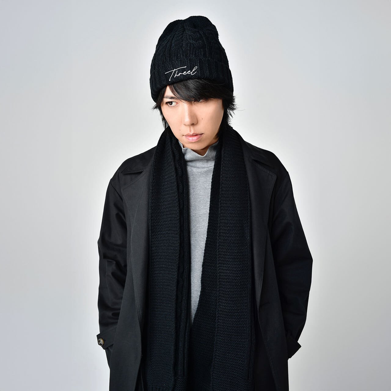 cursive Logo Cable Knit Cap BLACK (TL004-CP) | THREEL