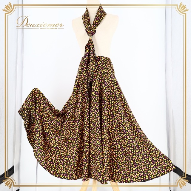 フラメンコ 衣装 ファルダ スカート シージョ セット ブラック系 花柄 小花柄 カラフル 黒 黄 紫 日本製 かわいい 華やか ダンス衣装 イベント 練習 レッスン ピキージョ ステージ イエロー系 パープル系