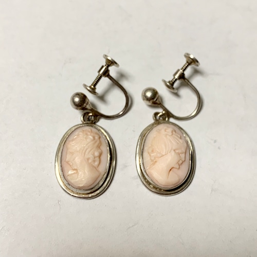 Vintage Dangle Shell Cameo Silver Earrings