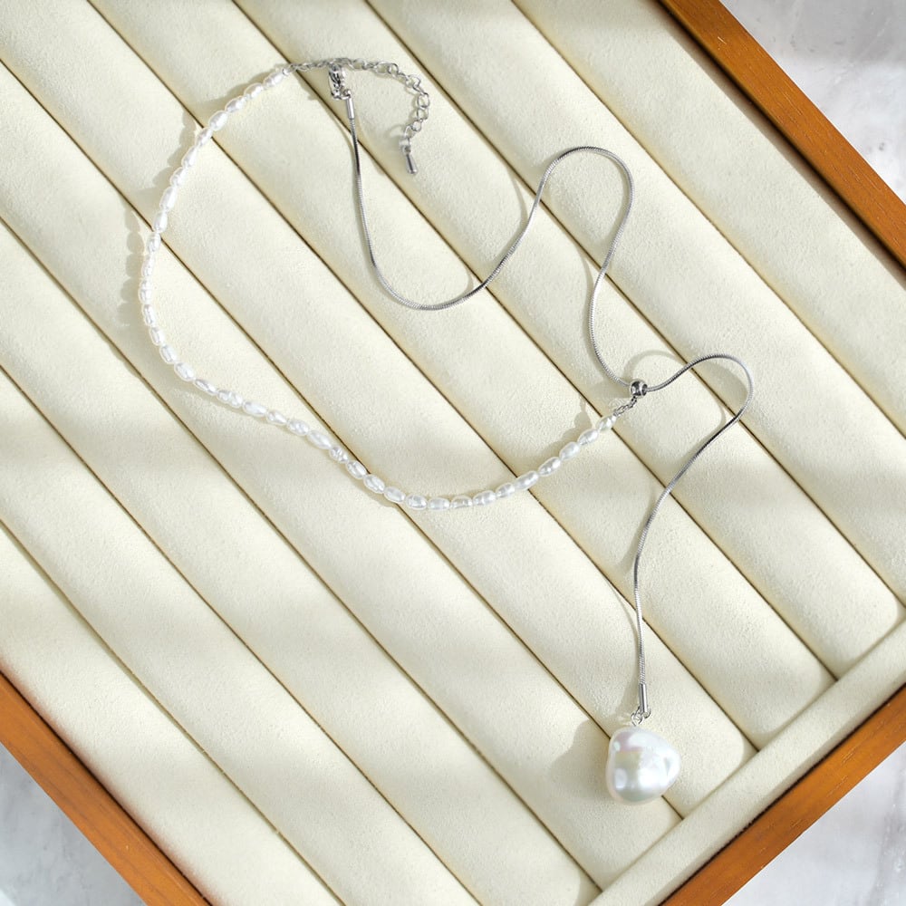 Yスタイル 大粒 バロックパール スライド ネックレス / サージカルステンレス製 淡水パール アジャスター付 アレルギー対応 / pe-126