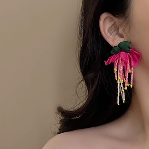 colorful flower beaded fringe earrings、pierce <a101568>
