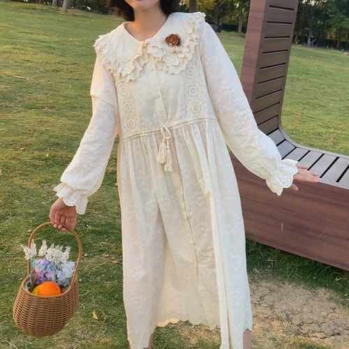 Wレースカラー花刺繍ロングワンピース ・12050